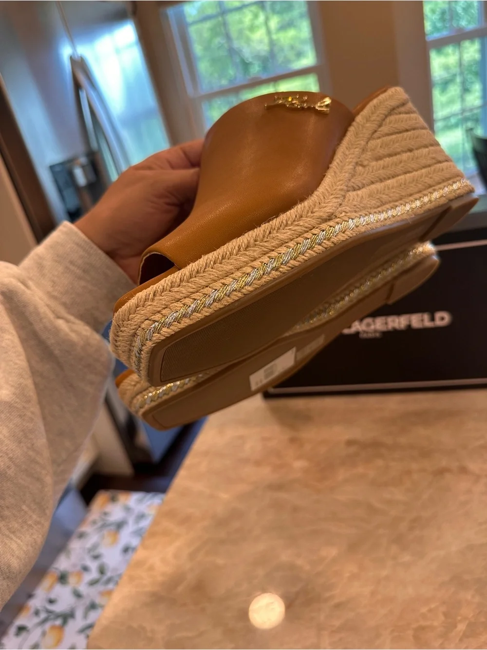 Karl Lagerfeld Cognac Leather Espadrille Wedge Mules